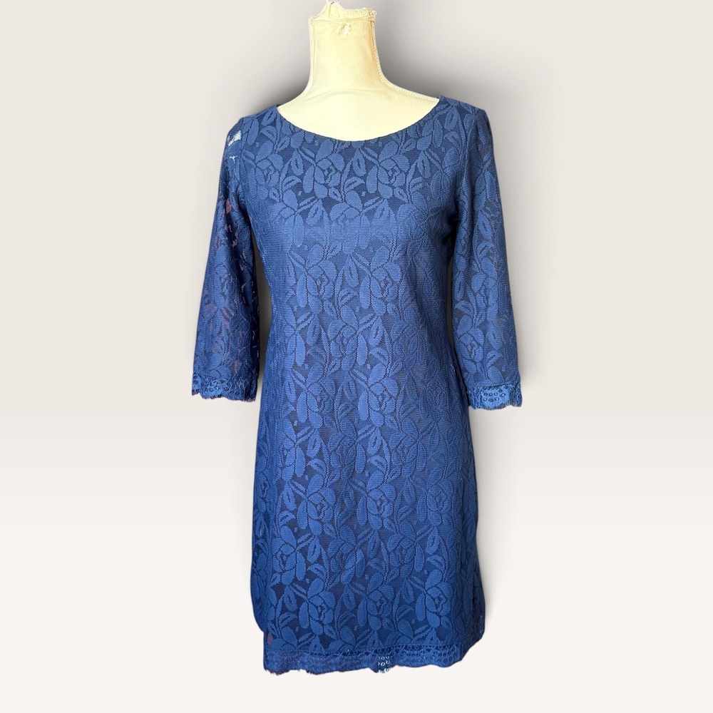 London Times Navy Blue Floral Lace Shift Dress Size 4 3/4 Sleeve Scalloped Hem